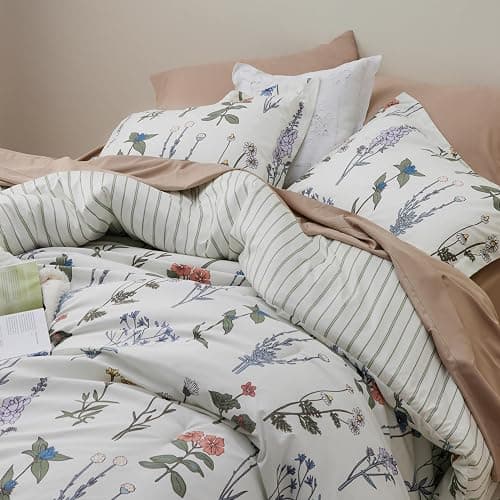 Bedsure Comforter Set Queen Size - Cute Floral Bedding Comforter Set, 3 Pieces, 1 Soft Reversible Coconut White Botanical Flowers Comforter and 2 Pillow Shams thumbnail 5