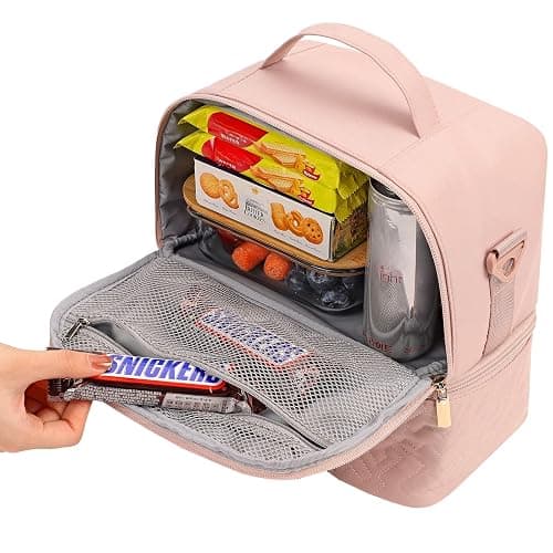 NISHEL Lunch Bag for Women, Insulated Two Separate Compartments Meal Box with Adjustable Shoulder Strap, Leakproof Cooler Case for Work, Pink thumbnail 5