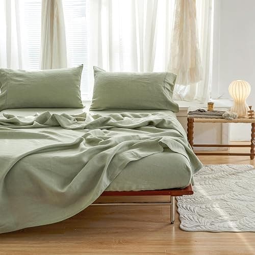 Simple&Opulence 100% French Linen Sheet Set Breathable Durable for Hot Sleepers Bedding 4 pcs - 1 Flat Sheet,1 Fitted Sheet,2 Pillowcases with Hemstitch Lace Embroidery Design (Sage Green, Queen) thumbnail 7