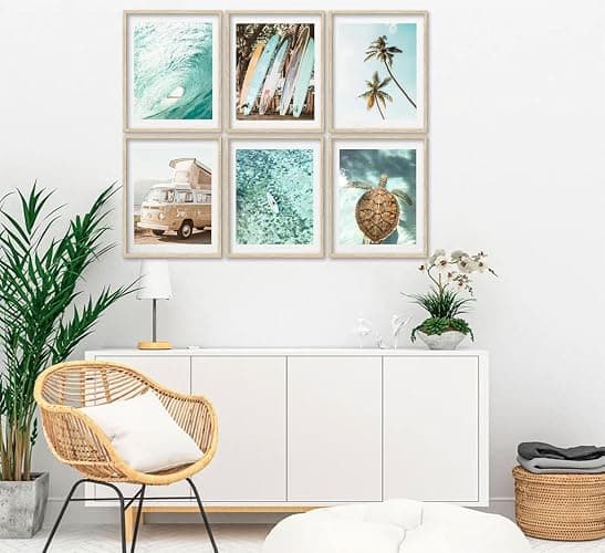 EVPYXFUT Set of 6 Tropical Beach Canvas Wall Art Surf Poster Summer Ocean Coastal Pictures Turtle Print Palm Tree Surfboard Gallery Paintings Nautical Bus Wall Decor for Bedroom Bathroom Unframed thumbnail 4
