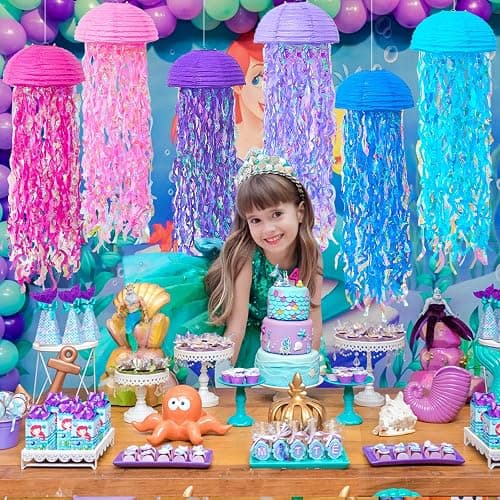 ADLKGG 6-Pack Jellyfish Paper Lanterns, Pink Purple Blue Under The Sea Party Decorations, Mermaid Birthday Decorations for Girls, Hanging Ocean Themed Pool & Beach Party Decor, Classroom Decor thumbnail 2