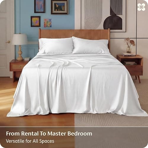 Bedsure PureWoven 100% Rayon Derived from Bamboo, Full Size Sheets, 4 PCS | Cooling Sheets for Hot Sleepers, Breathable & Silky Soft, 16" Deep Pocket, Hotel Luxury Bedding, White thumbnail 5