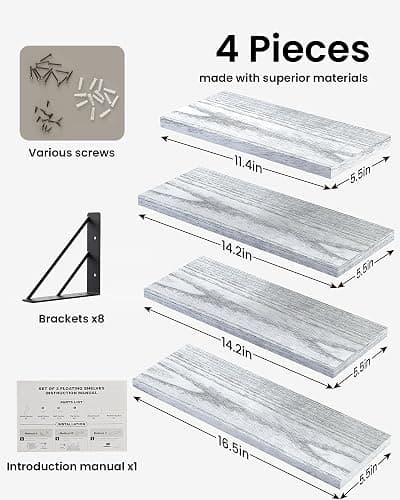 BAYKA Wall Shelves for Bedroom Decor, Floating Shelves for Living Room Kitchen Storage, Wall Mounted Rustic Wood Floating Shelves for Kids Books, Corner Shelf for Bathroom(Gray White，Set of 4) thumbnail 4