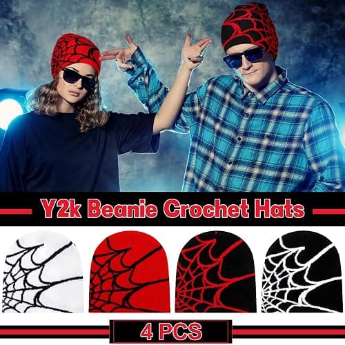 Jeyiour 4 Pcs Y2k Beanies Spider Web Pattern Beanie Gothic Acrylic Knitted Hat Casual Streetwear Outdoor for Men Women thumbnail 3