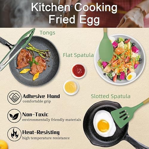 MYKUJA Silicone Cooking Utensils Set, Heat Resistant Kitchen Utensils Set, Spatula,Turner Tongs,Spoon,Brush,Whisk, Cooking Kitchen Utensils Spatula Set, Nonstick Cookware（sage green） - Sage Green thumbnail 6