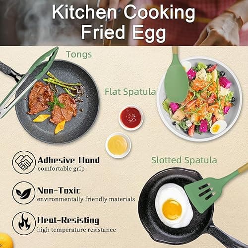 MYKUJA Silicone Cooking Utensils Set, Heat Resistant Kitchen Utensils Set, Spatula,Turner Tongs,Spoon,Brush,Whisk, Cooking Kitchen Utensils Spatula Set, Nonstick Cookware（sage green） - Sage Green thumbnail 6