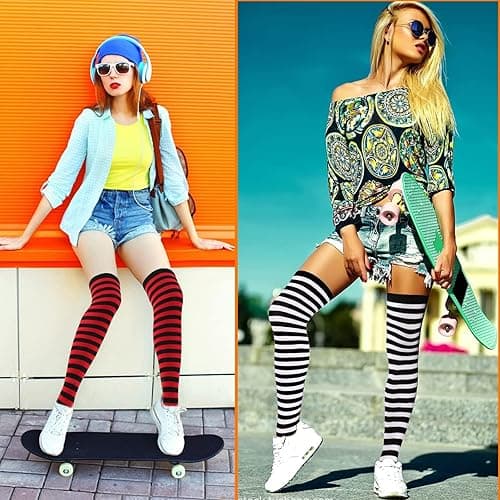 Barrlves 2/4 Sets Womens Striped Knee High Socks Long Knitted Arm Warmers Fingerless Gloves for Halloween Costume - 2sets Rose+neon thumbnail 7