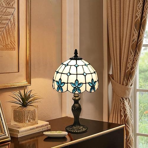 tuomoxte Tiffany Style Table Lamp, 8 Inch Stained Glass Lamp, Small Antique Table Lamp, Bedside Nightstand Lamp for Bedroom,Living Room Home Office, Blue Flower Pattern, Include LED Bulb thumbnail 8