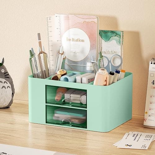 Marbrasse Pen Organizer with 2 Drawer, Multi-Functional Pencil Holder for Desk, Desk Organizers and Accessories with 5 Compartments + Drawer for Office Art Supplies (Green) thumbnail 2