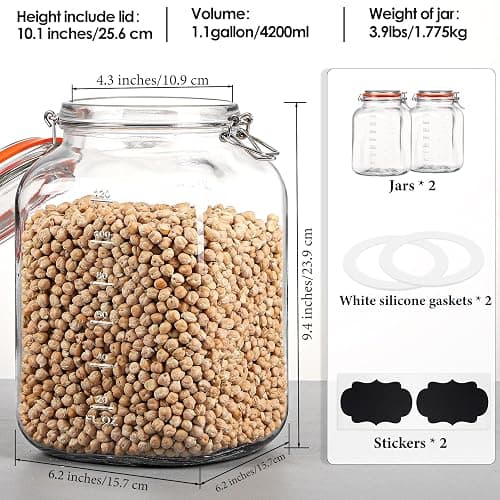 [UPGRADE] 2 Pack Square Super Wide Mouth Airtight Glass Storage Jars with Lids, 1.1 Gallon Glass Container with 2 Measurement Marks, Canning Jars with Leak-proof Lid for Kitchen (Spare Gasket) thumbnail 3