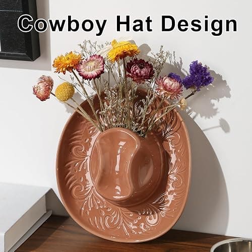 Hanging Wall Planters for Indoor Plants, Wall Vases for Flowers, Ceramic Cowboy Hat Vases for Decor, for Bathroom, Living Room, Office, and Home Decor. Brown thumbnail 5