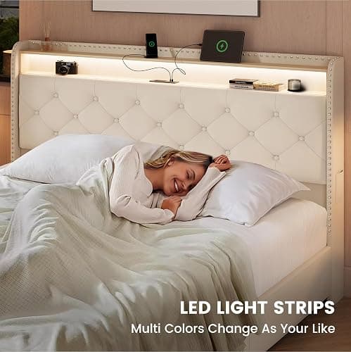 LARMACE Queen Size Bed Frame with 4 Storage Drawers and Charging Station,Velvet Upholstered Platform Bed Frame with LED Headboard,Heavy Duty,No Box Spring Needed,Easy Assembly,Beige thumbnail 6