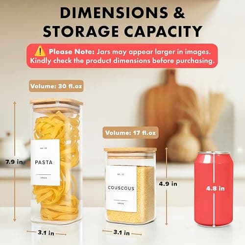 Square Glass Storage Containers with Bamboo Lids 12-Pack (4x 30 oz, 8x 17 oz) Airtight Storage Jars with Lids for Food, Stackable Kitchen Canisters with 114 Labels for Pantry [Thicker Glass 3mm] thumbnail 2
