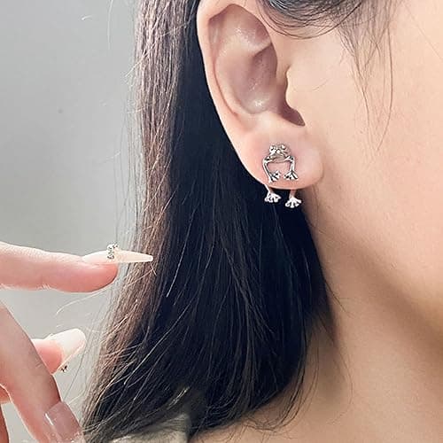 Frog Earrings for Women Easter Basket Stuffers Vintage Frogs Shaped Stud Earrings Funny Cute 3D Animal Earrings Jewelry Gifts - A：silver frog earrings thumbnail 3