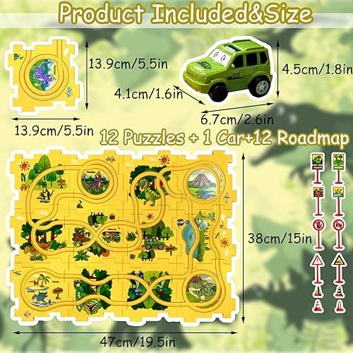 4 Year Old Boy Birthday Gift, Puzzle Racer Kids Car Track Set Puzzle Racer Car Track Set with Roadmap Puzzle Track Car Play Set Toys for 4 Year Old Boys (A-Dinosaur, Set1-25pcs) - Set1-25 PCS - A-dinosaur thumbnail 3