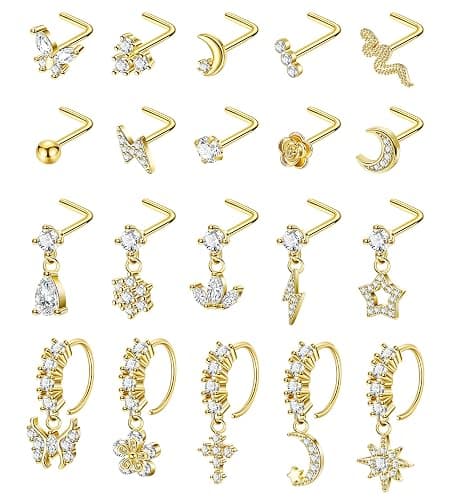 SOMEITIA 20PCS 20G Surgical Steel Dangle Nose Rings for Women L Shaped Nose Studs Dangling Nose Rings Hoops CZ Flower Butterfly Moon Nose Piercing Jewelry - Image 1