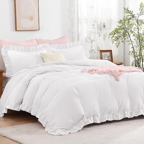 Andency White Ruffle Duvet Cover Queen(90x90Inch), 3 Pieces Soft Washed Microfiber Vintage Shabby Chic Farmhouse Ruffled Duvet Cover Set with Zipper Closure & Corner Ties - Image 1