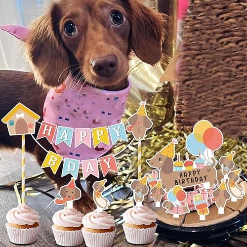 KARAQY Dachshund Dog Birthday Decorations - Wiener Dog Puppy Cupcake Toppers and Dog Lover Cake Bunting Topper Set thumbnail 7