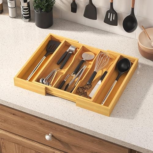 Lifewit Utensil Organizer for Kitchen Drawer, Expandable Cooking Utensil Tray, Bamboo Cutlery Silverware Flatware Holder, Adjustable Spatula Tools and Gadgets Storage Divider, Large, Natural thumbnail 2