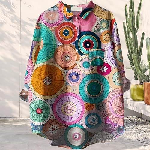 YABTF Womens 3/4 Sleeve T Shirts Geometric Whimsical Print Shirt Dressy Casual Half Button Collar Tunics Fall Top with Pocket thumbnail 2