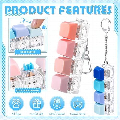 Halloscume 4 Pcs Keyboard Adult Fidget Toy Clicker Toy 4-in-1 Keyboard Fidget Keychain Cube Mechanical Key Button Clicker Stress Relief Gift for Office School Home to Pass The Time(Gradient Colors) thumbnail 4