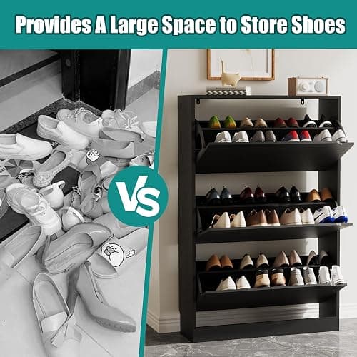 Xixini Shoe Storage Cabinet for Entryway with 3 Flip Drawers, Sturdy Wood Hidden Shoe Storage, Freestanding Narrow Slim Shoe Organizer for Front Door Entrance, Living Room, Hallway, Bedroom, Black thumbnail 5