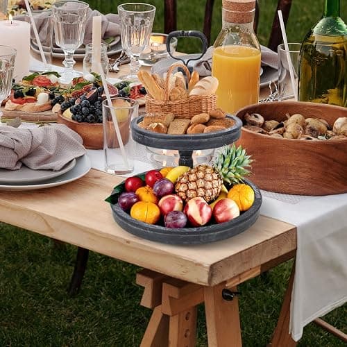 Vipush Farmhouse Two Tiered Tray,Distressed Wood Two Tier Tray,Decorative Rustic Wooden 2 Tier Serving Tray Cake Stand for Kitchen and Seasonal Decor,Black thumbnail 7