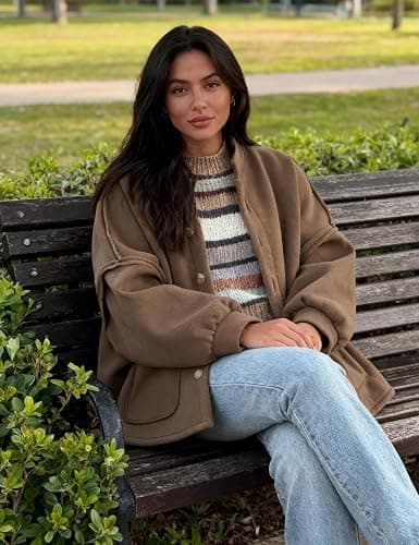 Faleave Women's Oversized Button Down Jacket Lantern Long Sleeve Coat Fall Winter Mock Neck Casual Outerwear with Pockets thumbnail 6