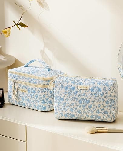 HBselect 2Pcs Travel Makeup Bag, Large Cotton Quilted Makeup Bag Cosmetic Bag Cute Make up Bag Toiletry Bags for Women Girls thumbnail 5