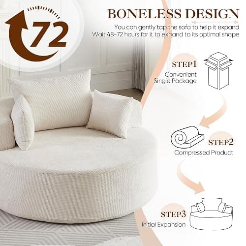 Antetek Oversized Round Chaise Longue Chair Indoor, Modern 55-inch Upholstered Waffle Chenille Deep Seat Circle Single Cloud Lounge Floor Sofa Chair for Living Room, Bedroom Apartment, Beige thumbnail 6