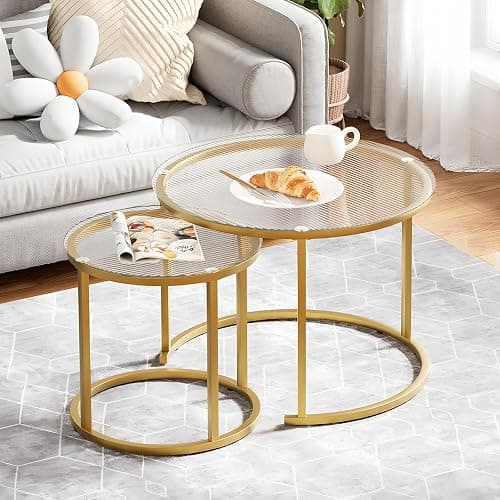 aboxoo Nesting Coffee Table Set of 2, Small Round Glass Nesting Tables for Living Room Bedroom, Accent Tea Table with Gold Metal Frame Modern Industrial Simple - Image 1