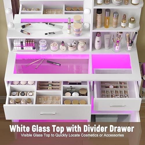 HuaYing White Vanity Desk with Mirror and Lights, Vanitys with Glass Top & Power Outlet, Dressing Table with 36 Lighting Modes Brightness Adjustable RGB Drawers, for Women Girls Bedroom (White) thumbnail 4