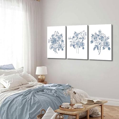 Blue Flower Canvas Wall Art Abstract Chinoiserie Floral Painting Picture Decor Minimalist Botanical Sketch Poster Print Artwork for Gallery Living Room Wall Home Decoration thumbnail 3