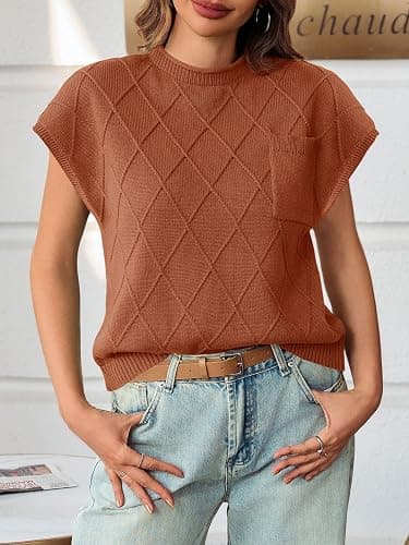 Saodimallsu Womens Summer Mock Neck Sweater Cap Sleeve Lightweight Sweater Vest Casual Loose Knit Pullover Tank Tops thumbnail 3