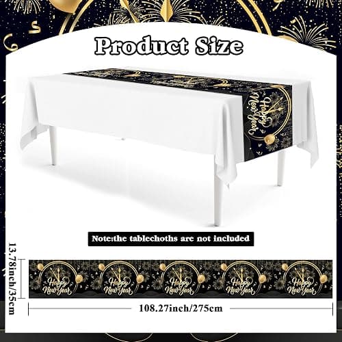 6 Pcs Plastic Happy New Year 2026 Table Runners - 14" x 108" Fireworks Balloon Christmas Winter Party Decoration - Black Gold Stars Clock Disposable Table Runner for Happy New Year Winter Table Decor thumbnail 5