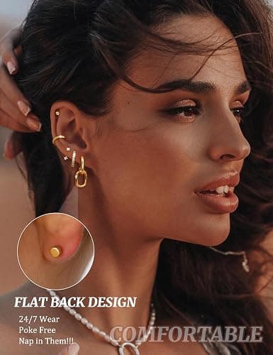 LOLIAS Flat Back Earrings for Women Hypoallergenic Surgical Steel Earrings for Sensitive Ears-20G Cartilage Earring Stacks 14K Gold Plated Hoops Flatback Stud Earring Sets for Multiple Piercing thumbnail 2
