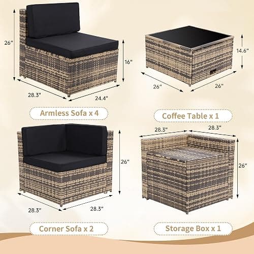 KROFEM 8-Piece Patio Furniture Set, Outdoor Wicker Rattan Sectional with Thick Cushions, Glass Top Table with Hidden Storage, Outdoor Conversation Set for Backyard, Porch, Patio, Black thumbnail 2