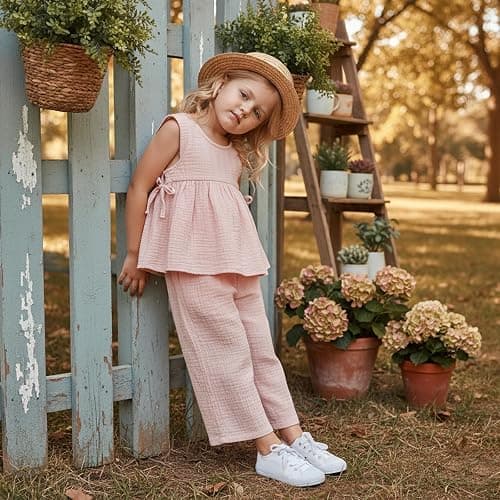 citgeett Baby Girl Summer Clothes Outfit Cotton Linen Sleeveless Ruffle Shirt and Wide Leg Pants Toddler Girls Clothes Set thumbnail 3