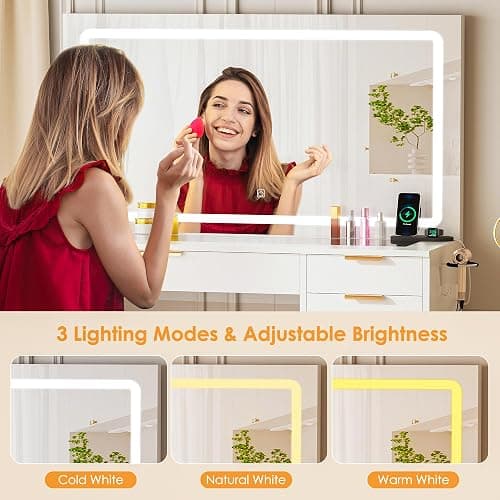 ANWBROAD 39" Makeup Vanity Desk with Mirror and Lights with 6 Drawers and Charging Station Girls Vanity with Glass Top,3 Color Modes Adjustable,White for Bedroom UBDT79A thumbnail 4