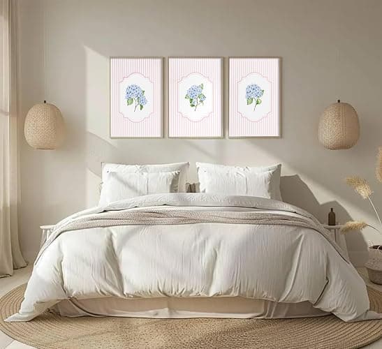 Blue Hydrangea Wall Art Pink Striped Rustic Farmhouse Floral Pictures Wall Decor Cottagecore Botanical Posters Vintage Grandmillenial Flower Painting Print Artwork for Girls Room Dorm, Unframed thumbnail 9