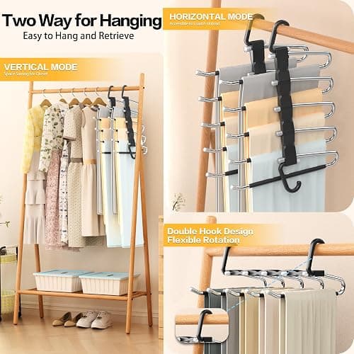 Pants Hangers Space Saving - 2 Pack Closet Organizer and Storage Jean Hangers, Stainless Steel Anti-Slip Clothes Hanger Scarf Holder for Pants Jeans Leggings Trousers Pant Rack, Black thumbnail 4