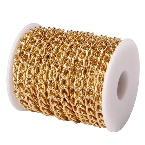 [33ft] Gold Chain for Jewelry Making, 7mm Wide Gold Aluminum Curb Link Chain Roll Bulk for DIY Jewelry Making Craft - Image 1