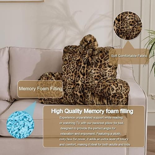 Animebody Reading Pillows for Boyfriend Adult,Velvet Back Pillow Bed Wedge Large, Back Rest Support Cushion for Sitting Up in Bed/Couch for Bedrest 18inch-Leopard Brown thumbnail 3