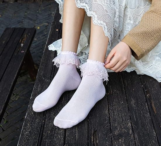 SEMOHOLLI Women Lace Ankle Socks Ruffle Frilly Cotton Socks Trim Double Layer Lace Girl socks - 5-8 - 1 Pairs-white thumbnail 3