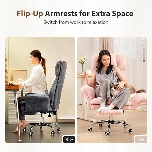 Big and Tall Office Chair, Flip Armrests for Pets & Cross Legged Sitting, Executive Ergonomic Computer Gaming Chair with Foot Rest, Teddy Fleece Wide Seat Reclining Desk Chair, Pink thumbnail 2