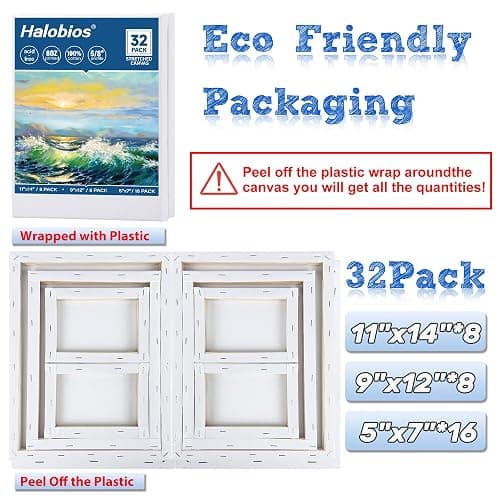 Halobios 32 Packs Professional Stretched Canvas for Painting, Blank Canvas Art with 5 * 7in, 9 * 12in, 11 * 14in, Value Pack for Acrylic, Oil, Acrylic Pouring thumbnail 3