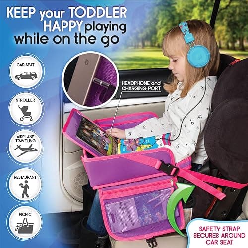 ECOFANTASY Kids Travel Tray - Waterproof Lap Table with No-Drop Large Tablet Holder - Car Seat Tray - Road Trip Essentials Kids - Car Desk Organizer for Airplane - Toddler Travel Essentials (Pink) thumbnail 2