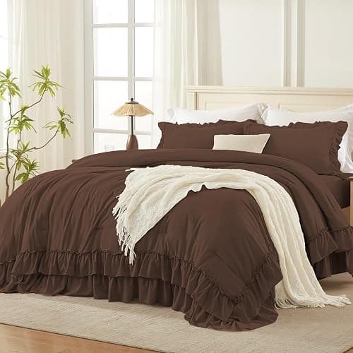 Andency Brown Ruffle Full Size Comforter Set, 3 Pieces | Vintage Farmhouse Shabby Chic, Soft Lightweight Fluffy Bed Comforter Sets, All Season Bedding Set - Image 1