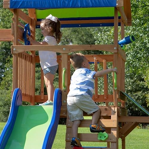Backyard Discovery Beach Front All Cedar Wooden Swing Set with Monkey Bars, Large Upper Deck with Canopy, Ships Wheel, Play Telescope, Sandbox, Snack Bench, Rock Wall thumbnail 8