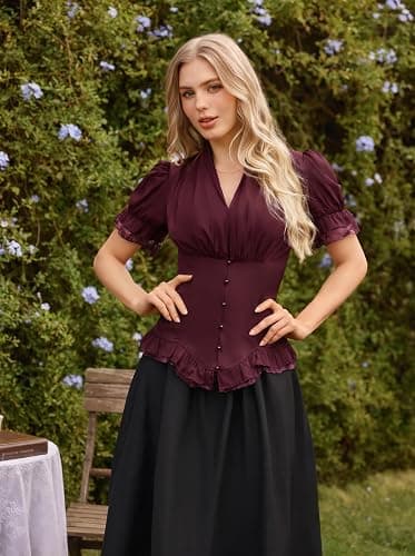 Scarlet Darkness Womens Work Tops Elegant Short Sleeve Victorian Blouse | Ideal for Ren Faire, Pirate Festival, Office, Business, Daily. V Neck, Button Down, Lace Up Back, Lace Patchwork thumbnail 2